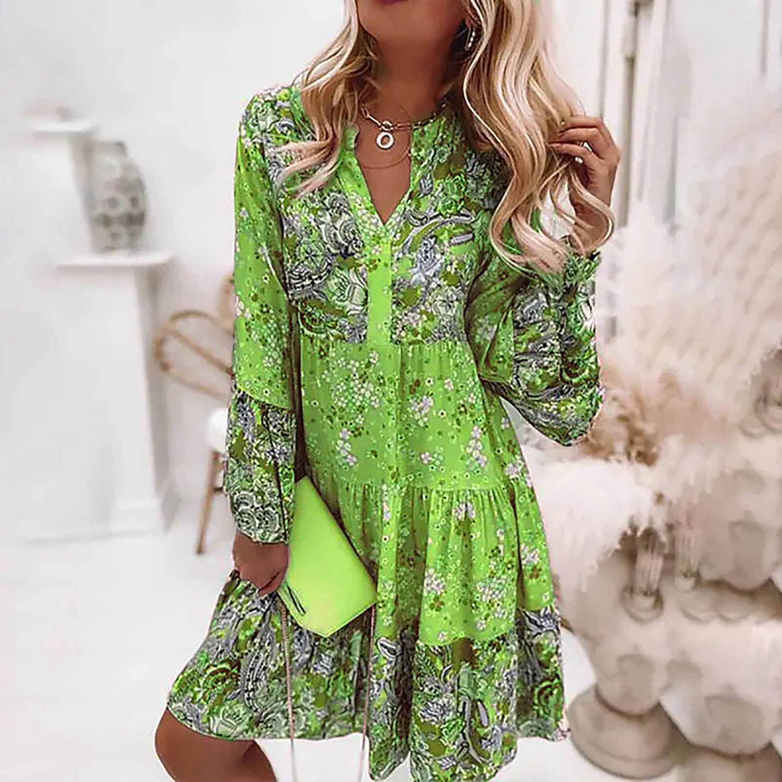 FcBaudy Longues Robe à Manches à Col en V Longueur Genou, Robes d'Été pour Femmes, Robes pour Femmes Mode Féminine Bohème Col en V Ample à Manches Longues Robe à Manches Évasées Imprimée Robe Femme