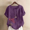 thumbnail image 2 of Pisexur Hauts pour Femmes Décontractés en Lin Col Rond Grande Taille Imprimé Manches Courtes T-shirt Blouse, Hauts d'Été pour Femmes Violet,G, 2 of 5