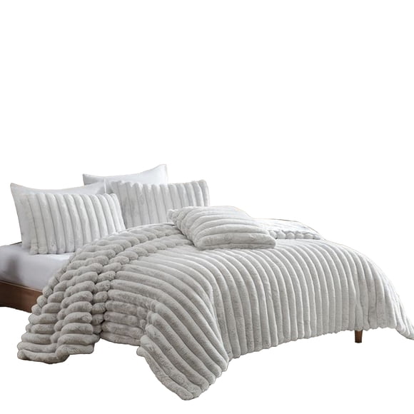 Sieno 4pc Queen Comforter Set, Gray Faux Fur and Micro Mink Backing