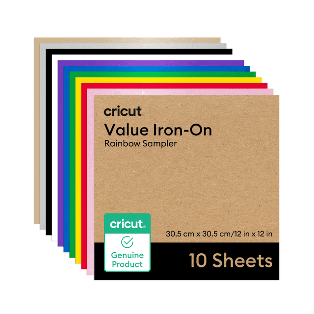 Cricut® Value Iron-On Rainbow Sampler with 10 sheets of 12 in x 12 in craft vinyl in assorted colors including beige, white, black, purple, blue, green, yellow, red, and pink, suitable for heat transfer and personalized DIY projects.