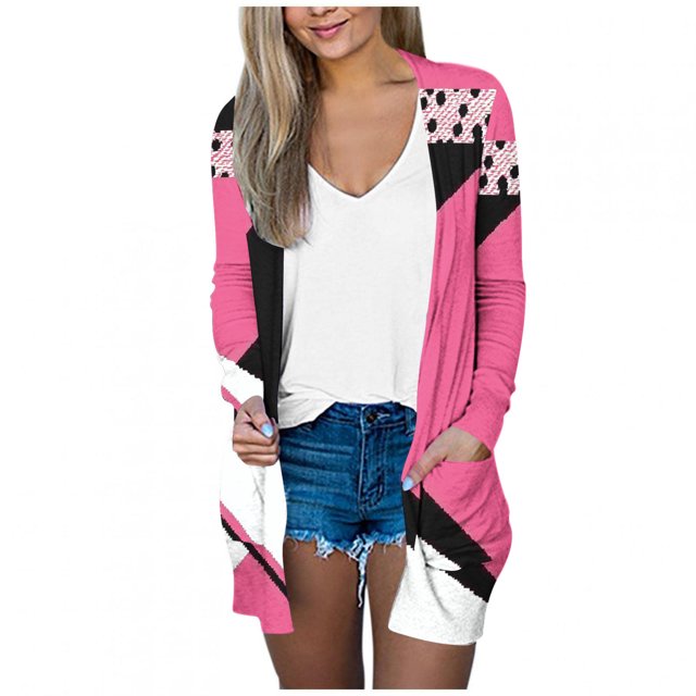 Ladies Light Weight Cardigan with Pockets, Open Front Cardigans Long Sleeve Casual Floral Printed Summer Thin Coat M