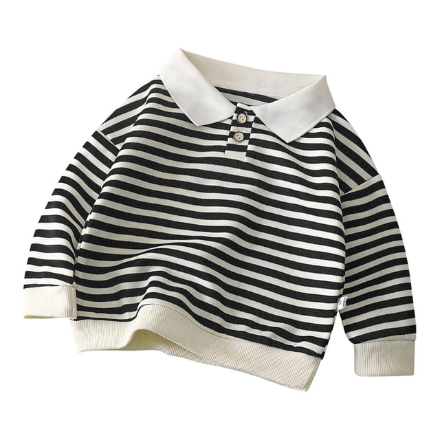 ManxiVoo Ensemble Polo à Manches Longues pour Tout-Petit, Haut à Col Rond en Coton Rayé, Tenue Décontractée Confortable pour Garçons Filles, Taille 90, Noir