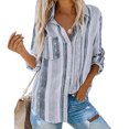 thumbnail image 3 of Cameland Blouses Mode pour Femmes Col en V Rayé Manches Retroussables avec Poche Chemise Ample, 3 of 6
