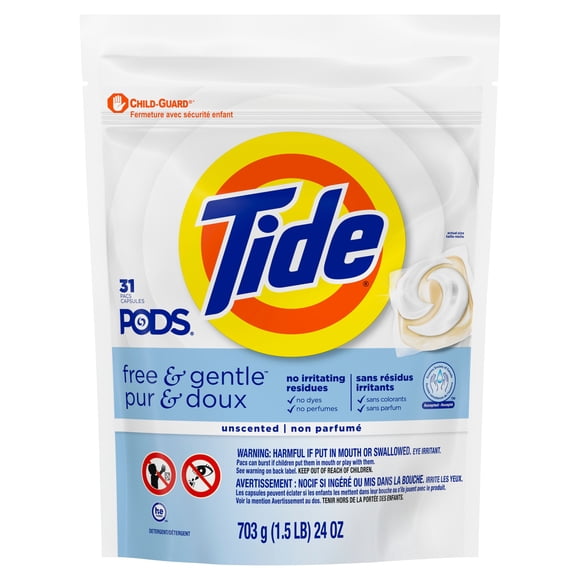 Tide PODS Free & Gentle Laundry Detergent Soap Pacs, Tide PODS Laundry Detergent, Laundry Detergent Pacs, Laundry PODS Detergent, 31 Count