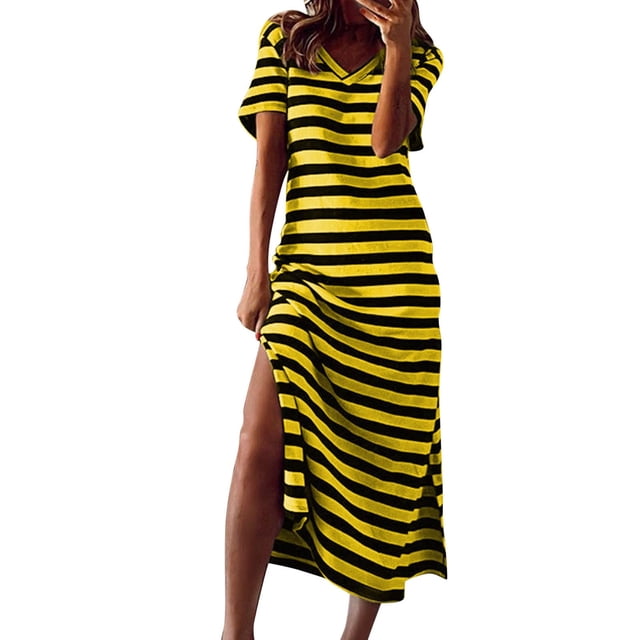 Tumotour Robe d'Été pour Femmes Robe Imprimée à Fleurs Robe à Manches Courtes Robe de Plage Décontractée Col Rond Longue Robe T-Shirt Voyage Vacances avec Poches