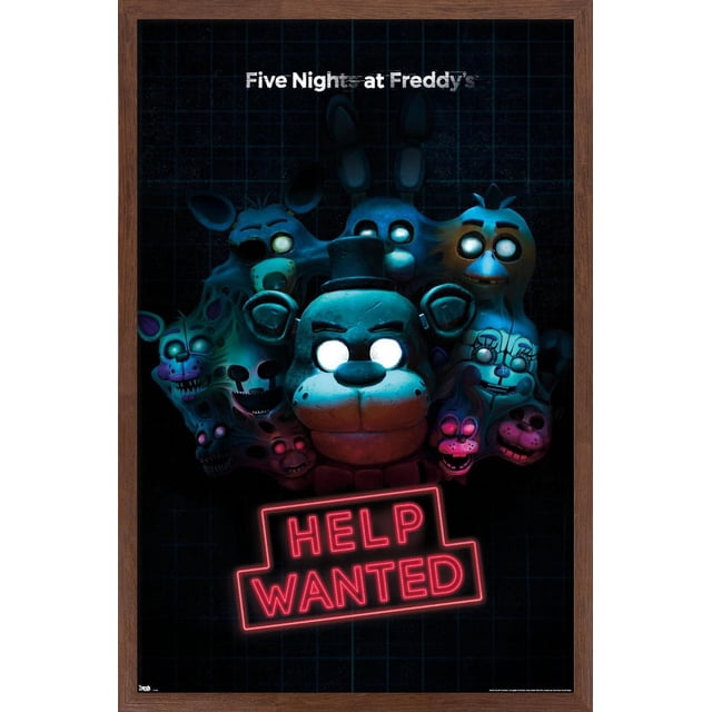 Five Nights at Freddy's - Affiche Murale Help Wanted, 22,375 Po x 34 Po, Affiche Lustrée Encadrée en Acajou Montrant des Personnages Animatroniques aux Yeux Blancs Lumineux du Jeu sur un Fond à Grille Sombre, avec devant Freddy Fazbear et un Panneau Néon Rouge « Help Wanted », Convient à la Déco de Chambre Ou de Bureau.