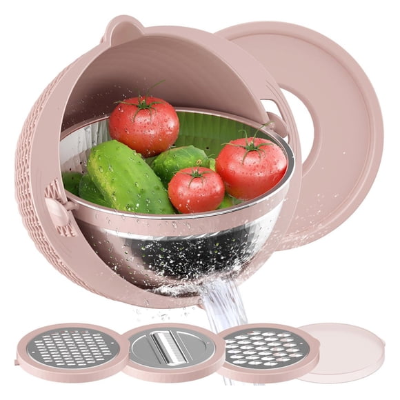 4-in-1 Rotating Stainless Steel Colander Set with 3 Blades, Multifunctional Vegetable and Fruit Washing and Slicing Basket for Kitchen