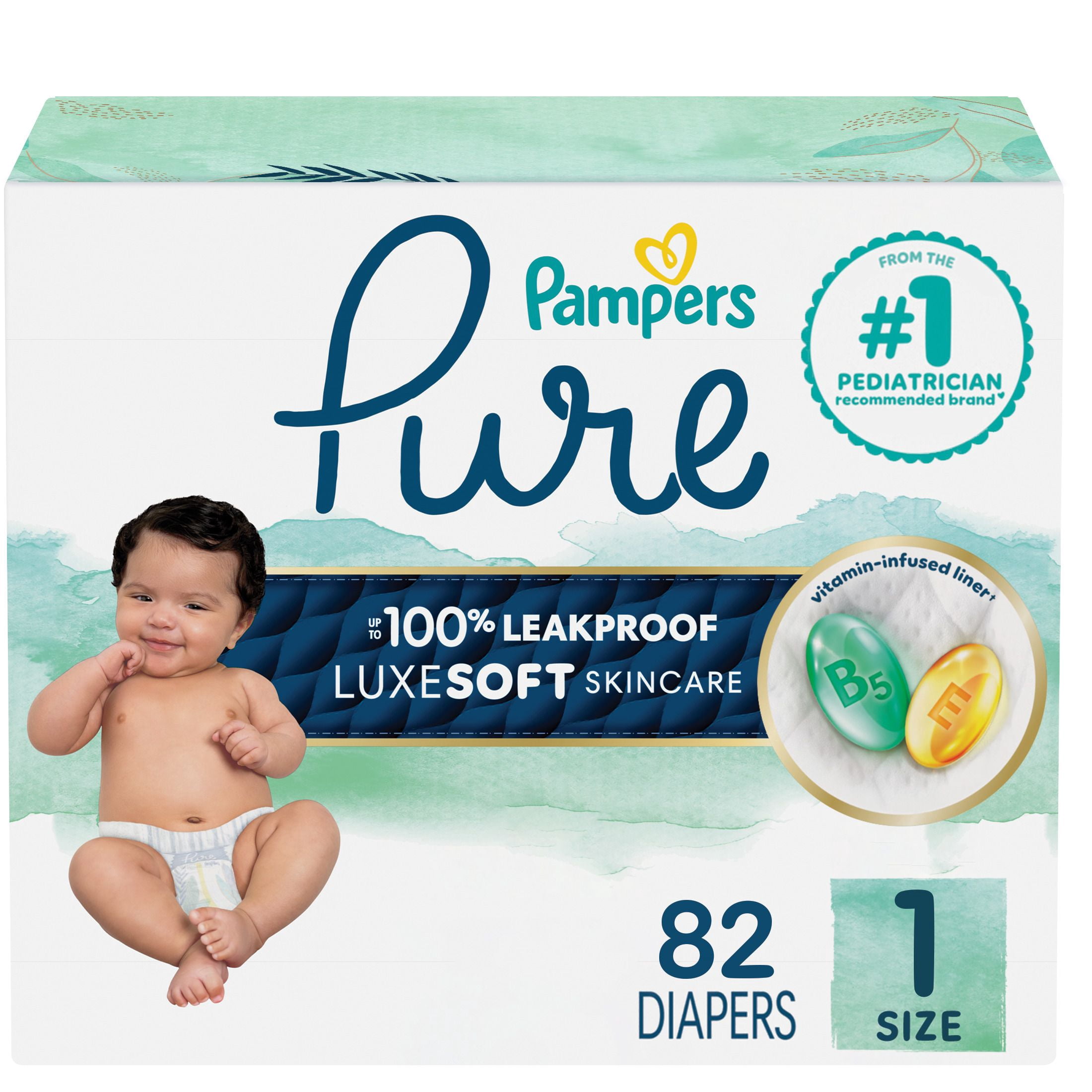 Pampers Pure Baby Diapers, Size 1 (8-14 lbs), 82, Up to 100