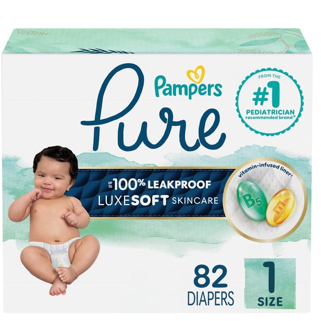 Pampers Pure Baby Diapers Size 1 (8-14 lbs), pack of 82, featuring up to 100% leakproof protection with LockAway Core, vitamin-enriched liner with vitamins B5 and E, hypoallergenic and free of fragrance, chlorine, parabens, and latex, with a wider wetness indicator for skin protection.