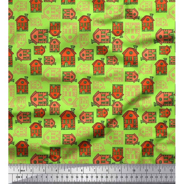 Soimoi Green Velvet Fabric House Architectural Print Sewing Fabric Yard 58 Inch Wide