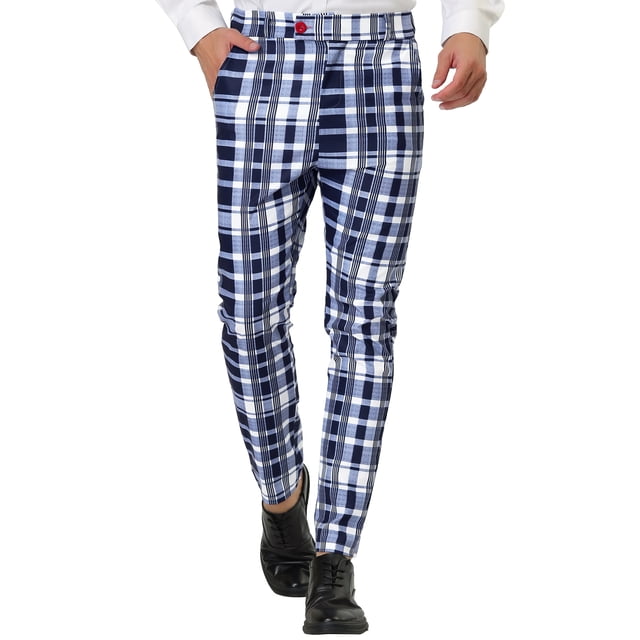INSPIRE CHIC Men's Formal Color Block Slim Fit Flat Front Plaid Dress Pants 30 Navy Blue
