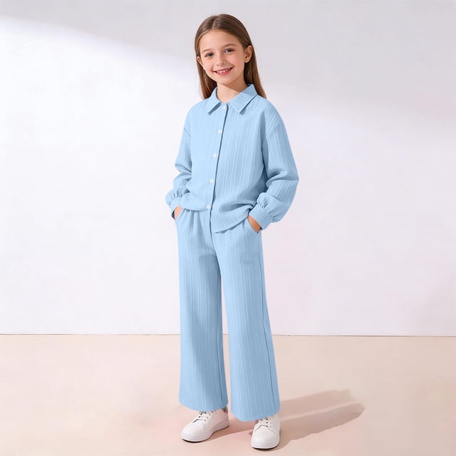 EGNMCR Long Sleeve Turndown Collar Set Children's Solid Color Long Sleeve Turn-Down Collar Button-Up Top With Elastic Waist And Pockets And Pants Set Girl polyester set