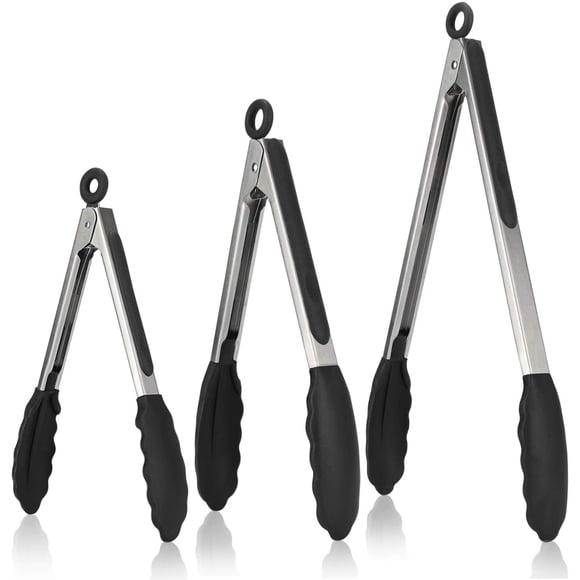 600°F Heat Resistant Kitchen Tongs: U-Taste 7/9/12 inch Silicone Cooking Tong Set with Non Stick Rubber Tips and Silicon Coated 18/8 Stainless Steel Handle for Serving Grilling Salad(Black)
