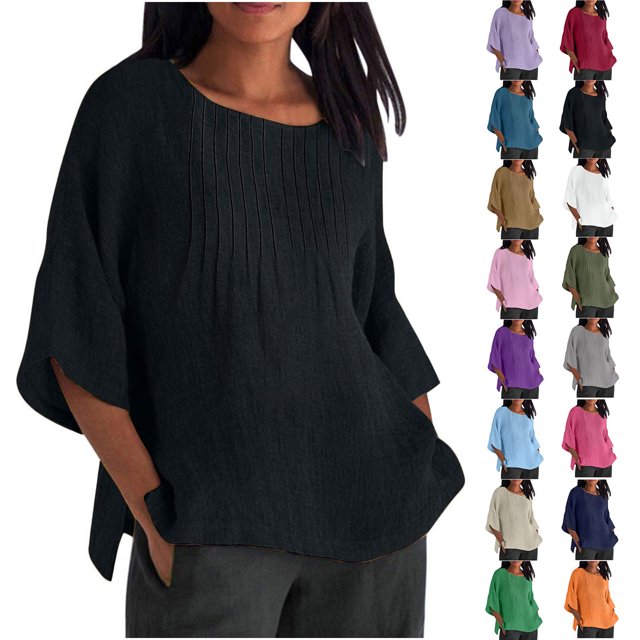 QATAINLAV Prime Éclair Aujourd'hui, Chemises en Lin pour Femmes Grande Taille Manches 3/4 Décontracté Ample T-Shirt Mignon Col Ras du Cou Blouse Plissée T-Shirts 2025 Printemps Été Tenues de Vacances Kaki m
