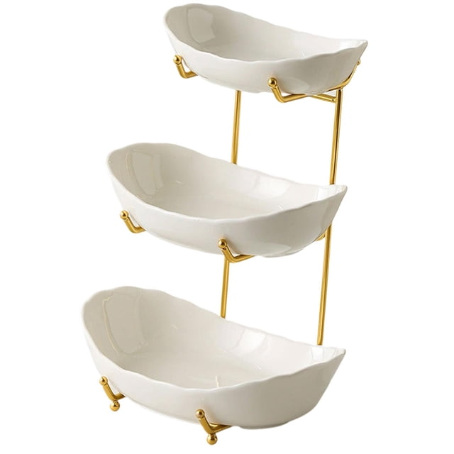 Siruishop Ceramic Fruit Bowl for Kitchen Counter Fruit Display Stand for Kitchen Snack Golden 3 Layer