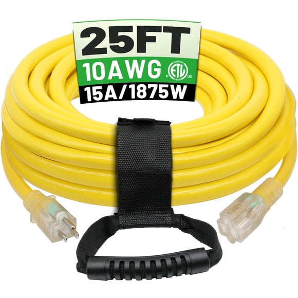 POWGRN Cordon d'Extension Extérieur 10/3 de 25 Pi, Étanche, Robuste, Calibre 10, 3 Broches, Cordon d'Alimentation Flexible et Résistant au Froid pour l'Intérieur et l'Extérieur avec Extrémité Indicatrice Éclairée, 15 AM