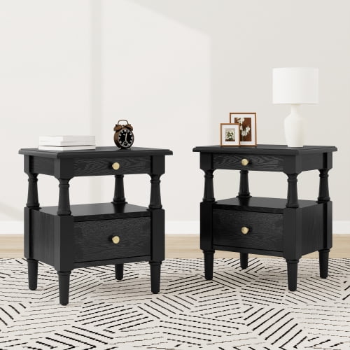 Black Nightstand Set of 2 With Drawers Wooden Bedroom Night Stands Bedside Table With Non-Slip Feet,Sofa Accent End Tables For Small Spaces Living Room Bedroom