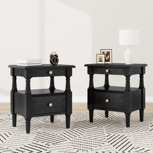 Black Nightstand Set of 2 With Drawers Wooden Bedroom Night Stands Bedside Table With Non-Slip Feet,Sofa Accent End Tables For Small Spaces Living Room Bedroom