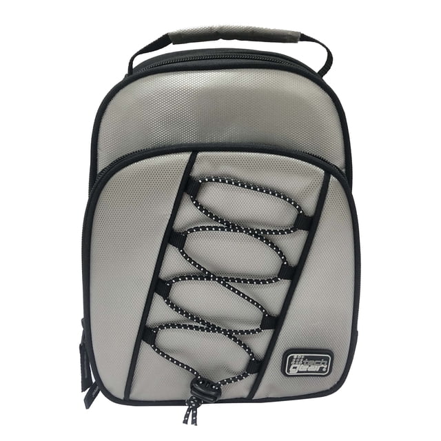 Tech Gear Sac à lunch Bungee en Gris Pâle avec Garniture Noire, Doté d'Un Cordon Bungee à l'Avant et d'Une Poignée Rembourrée, Entièrement Isolé avec des Compartiments Extérieurs Spacieux Principaux et Zippés, Mesurant 7.5 Po L x 5 Po P x 10 Po H, Convient pour Transporter le lunch et les Collations.