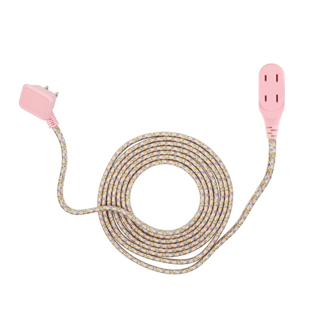 Globe Electric 9-ft metallic pink fabric extension cord with three polarized outlets and a right-angle plug, featuring a multicolored braided fabric covering, ideal for indoor electrical and power bar use in home improvement.