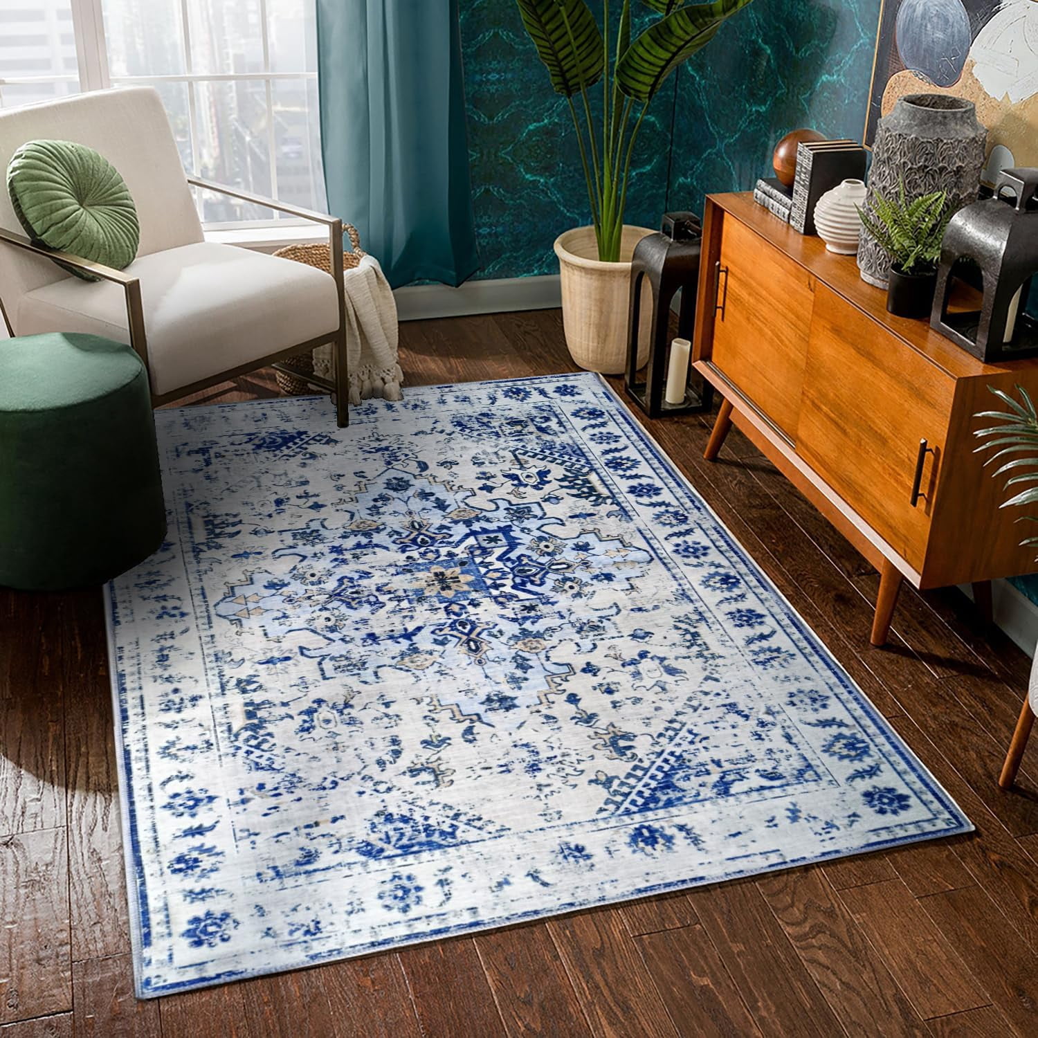 JV Home Tapis Napoli Bleu 6'x9' Tapis Lavable Antidérapant
