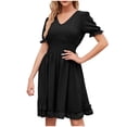 thumbnail image 1 of Dvprdro Robe en Chiffon pour Femmes Mode Été Col en V Manches Courtes à Volants Plissée Fluide Décontractée Ample Boho Plage Soleil Mini Robe, 1 of 5