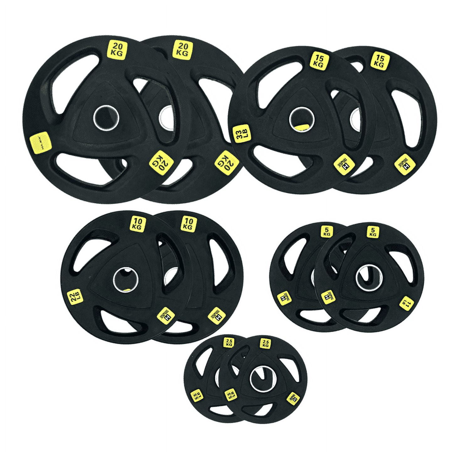 HAJEX Olympic Rubber Tri-Grip Plates Set 2 inch - 231LB Set - ( 5.5LB, 11LB, 22LB, 33LB, & 44LB)