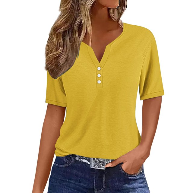 Yuyuzo Womens Summer Tops Notch V Neck Button Tunic Tops Short Sleeve Loose Summer Basic Tee Shirts
