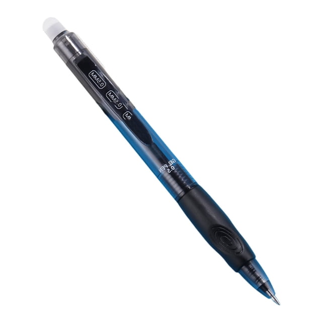 ZTTD Erasable Gel Pens, 12 Colors Retractable Fine Point Erasable Pens Clicker, displayed as a single black pen with a 0.5mm fine point tip, retractable design, and an eraser at the top. Suitable for office supplies, school tasks, and creative activities like drawing or planning. Includes a transparent barrel for ink monitoring and a comfortable rubber grip.