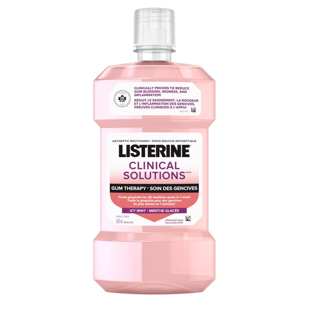 Listerine Clinical Solutions Traitement des Gencives 500 ml Rince-Bouche Antiseptique dans une Bouteille Rose Translucide avec un Bouchon Transparent Résistant aux Enfants, Étiqueté en Anglais et en Français, Cliniquement Prouvé pour Réduire le Saignement des Gencives, les Rougeurs et l'Inflammation, avec une Saveur de Menthe Glacée et une formulation Qui Aide à Prévenir l'Accumulation de Tartre et Traite la Gingivite pour des Gencives Plus Saines.