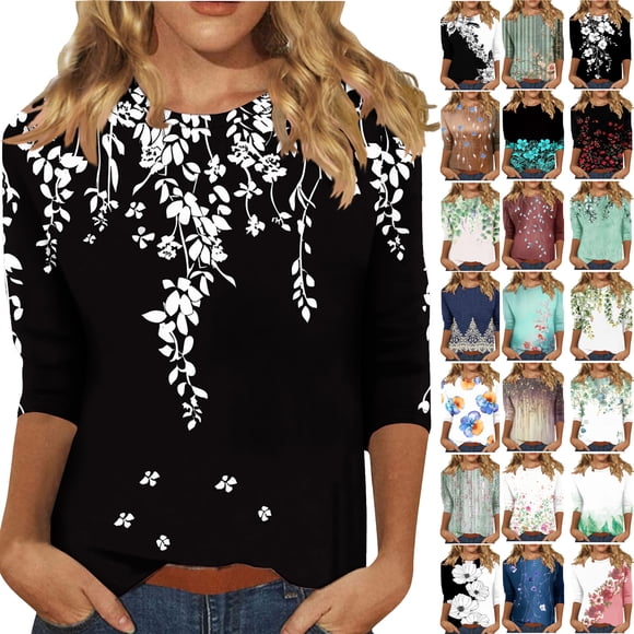 QATAINLAV Womens Tops Dressy Casual 3/4 Sleeve Blouses Summer Round Neck Pullover Fashion Printed T-shirt Cotton Basic Tees Shirts Today Prime Sales White XXXL