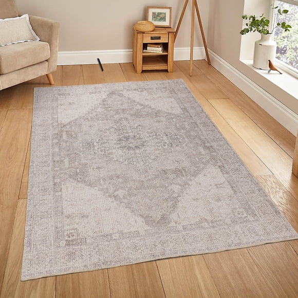LaDole Rugs 6x9 Living Room Large Premium Cotton Washable Area Rug | Medallion Home Decor Boho Carpet For Living Room, Bedroom, Dining Floor |Beige Ivory