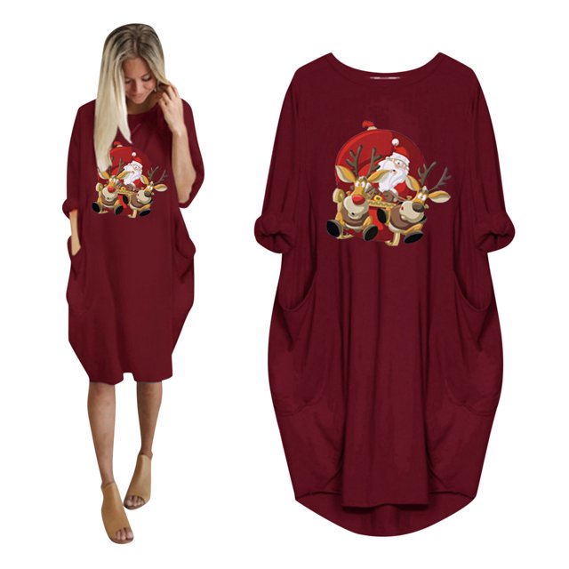 Styesk Robes pour Femmes la Mode Robe d'Hiver pour Femmes Grande Taille Ample avec Poches Robe de Noël Imprimée