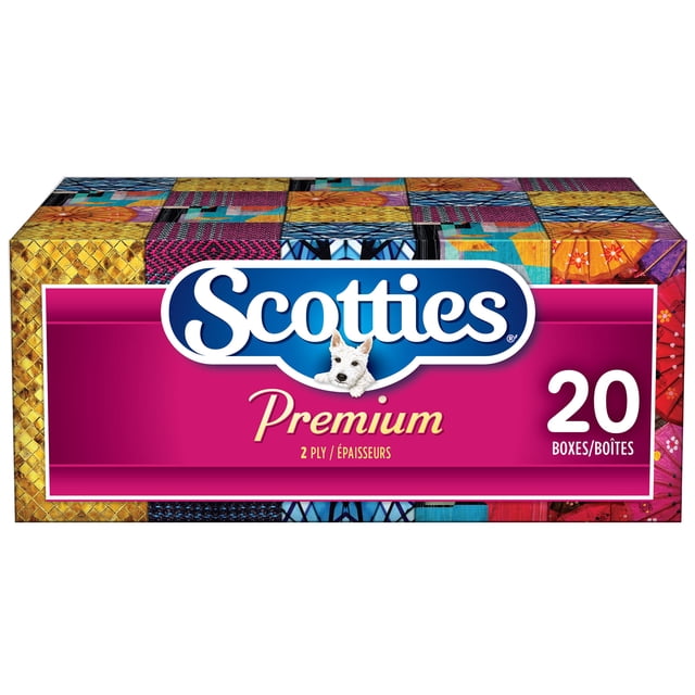 Scotties Premium Facial Tissue, Soft & Strong, Hypoallergenic and Dermatologist Approved, 20-pack. The image shows a rectangular package with vibrant, multicoloured patterns on the box design. The label prominently displays 'Scotties Premium' with a white dog logo, '2-ply,' and '20 boxes/boîtes.' Each box contains 126 white sheets measuring 21 cm × 18.7 cm (8.2 in. × 7.3 in.).
