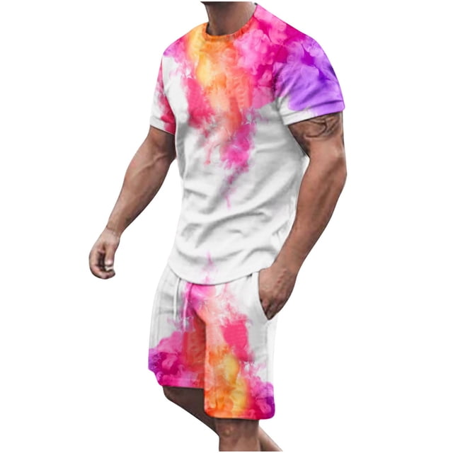 Men Print Short Sleeves Casual Beach Short Sleeve Round-Neck Blouses & Sets