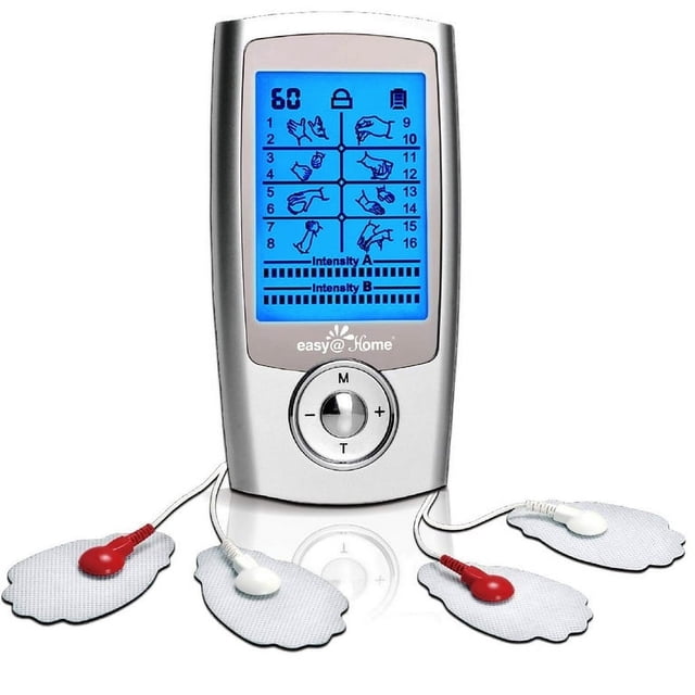 Easy@Home Rechargeable TENS Unit Muscle Stimulator, model EHE029N, featuring a silver handheld device with a blue backlit LCD screen displaying 16 massage modes and intensity levels. The device includes four electrode pads connected via cables, designed for pain relief and muscle stimulation. Suitable for back, shoulder, and joint pain relief, as well as muscle toning and improved blood circulation. The package includes the TENS unit, four electrode pads, two pad holders, two electrode cables, a USB cable, an AC adapter, and a user manual.