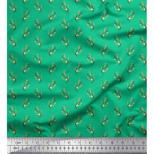 Soimoi Green polyester Crepe Fabric Anchor Hook Nautical Print Fabric by Yard 52 Inch Wide