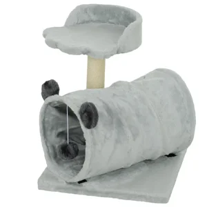 18.5" Petit arbre de chat, Tour de chat compacte avec tunnel, poste de scratching, lit en peluche, boule de danse, pour usage intérieur, gris