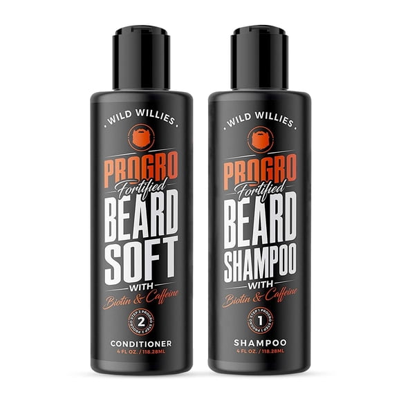 Wild Willies Moisturizing Beard Shampoo & Conditioner Kit PROGRO - Fortified with Biotin & Caffeine for Facial Hair Growth Hydration & Softener 4oz