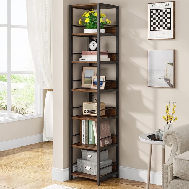 Tribesigns 75 in. Tall Narrow Bookshelf, a 6-tier multipurpose storage rack and display stand with a rustic wood and metal design. This corner shelf is shown in a bright living room, holding books, decorative items, and storage boxes. Its slim, space-saving profile is ideal for small spaces and versatile for home or office use.