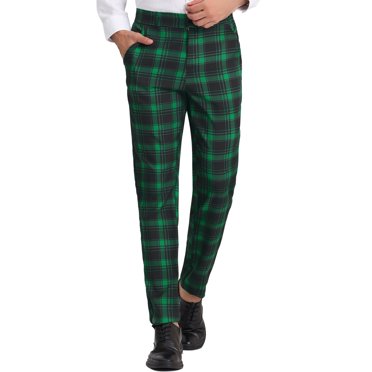 INSPIRE CHIC Men's Pants Plaid Elastic Waist Stretch Flat Front Dress Pants 32 Green