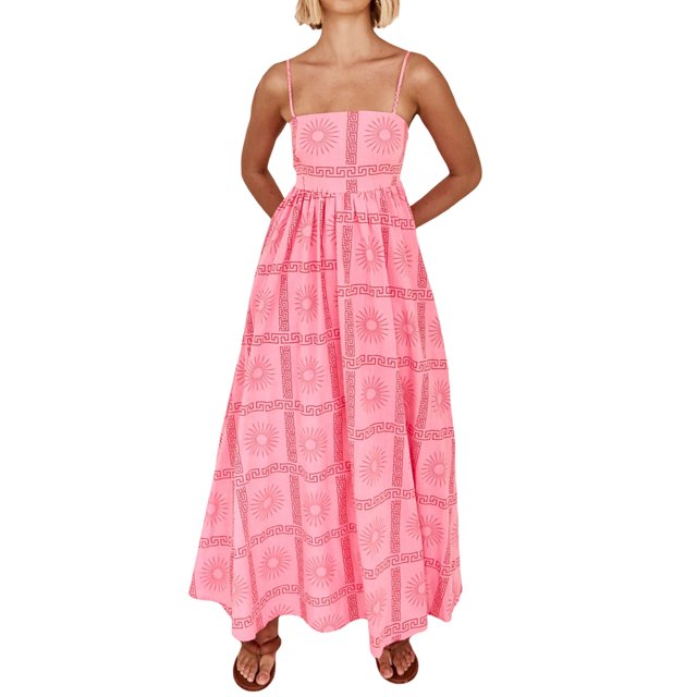 Gupgi Robe Camisole Bohème pour Femmes Sans Manches à Bretelles Spaghetti avec Découpe au Dos Longue Robe Graphique Fluide pour la Plage