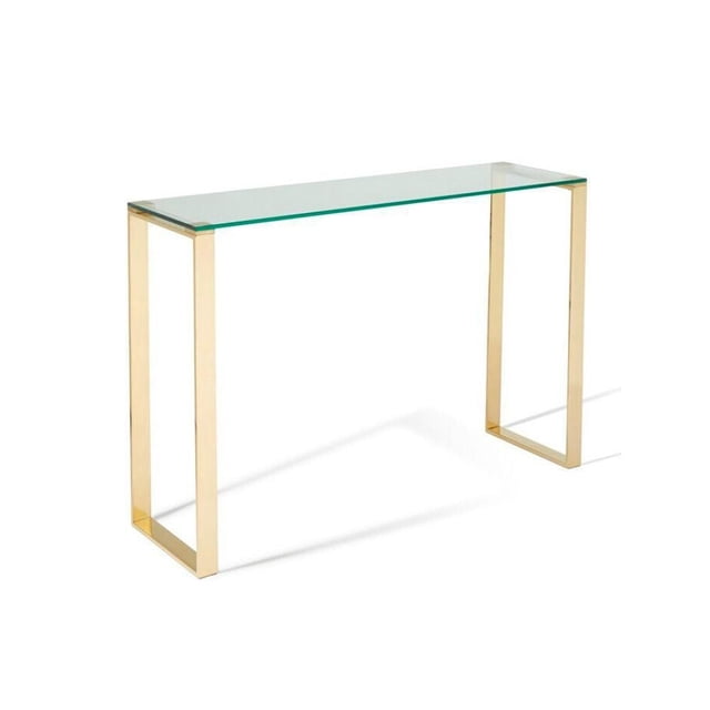 Gen Glass Console Table with Gold Stainless Steel Legs 30x30x8in featuring a clear 10mm tempered glass top supported by gold stainless steel tube legs in a minimalist rectangular frame, suitable for living room or hallway accent and decorative display.