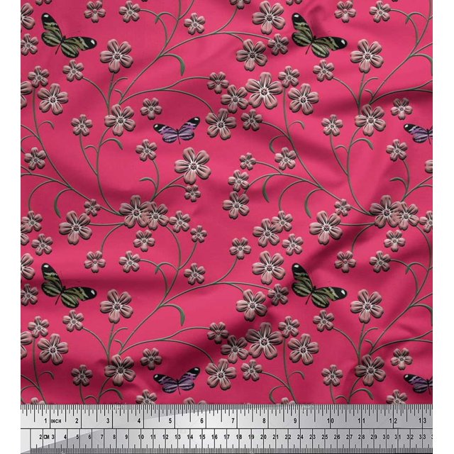 Soimoi Moss Georgette Fabric Insect,Leaves & Flower Floral Print Fabric by Yard 42 Inch Wide