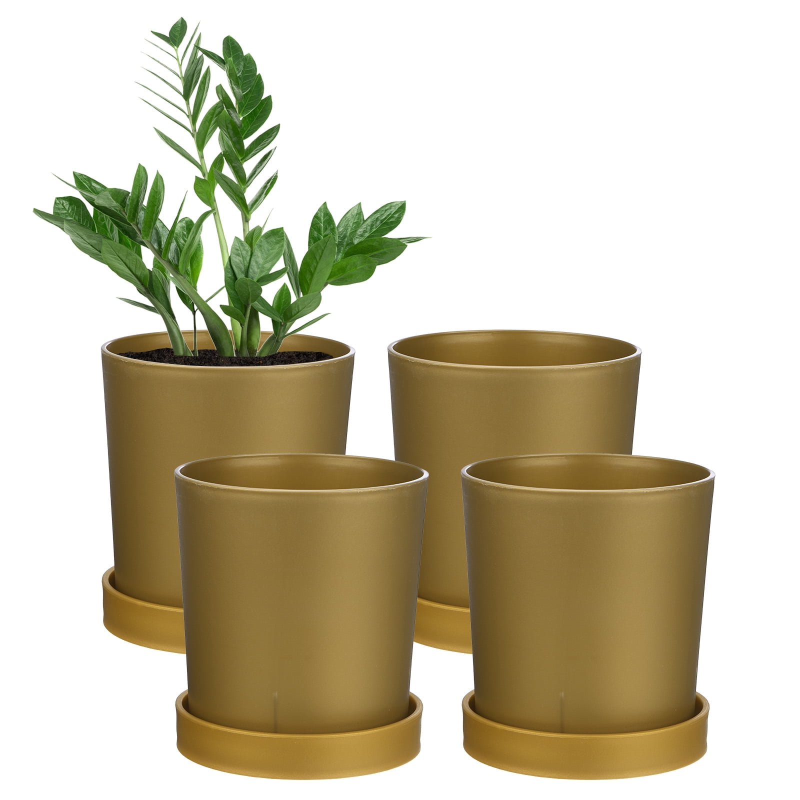 Uxcell 4 Pack Plant Pots 4.5 inch Plastic Flower Pots with Drainage Holes for Cactus Planters for Indoor Plants Gold
