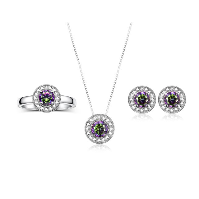 RYLOS Halo Designer Matching Set Sterling Silver: Ring, Earring & Pendant Necklace. Gemstone & Diamonds, 4MM Alexandrite June Birthstone; Size 9
