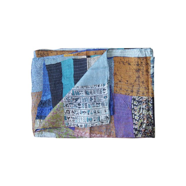KANTHA SILK THROW BLANKET 60"X90" folded showing a handcrafted patchwork quilt of colorful silk fabrics in blue, purple, mustard, and patterned prints with visible quilting stitches, suitable as a decorative throw, tapestry, or wall hanging.