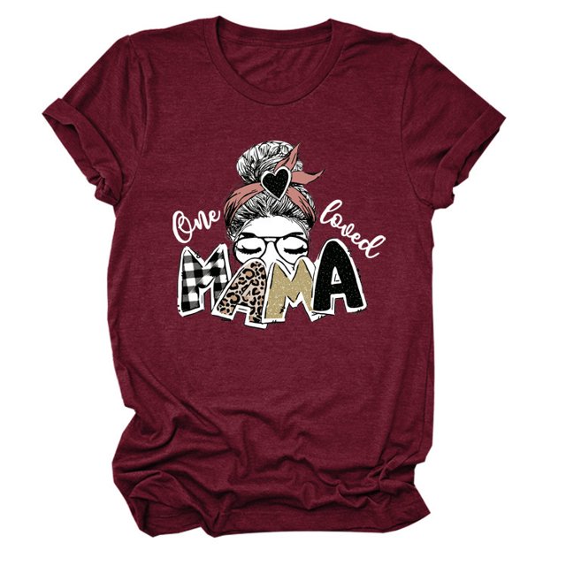 T-shirt Décontracté à Manches Courtes et Col Rond pour Femme avec Lettres « One Loved Mama »