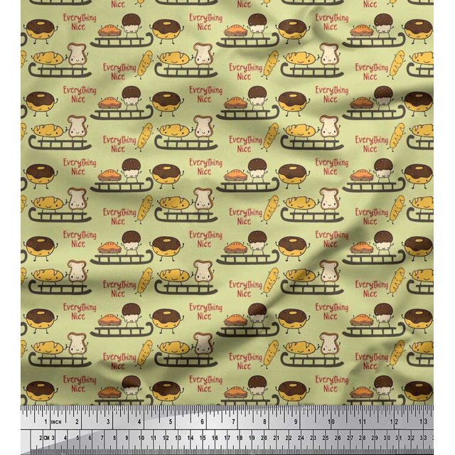Soimoi Polyester Crepe Fabric Sleigh,Bread & Hot Dog Food Decor Fabric Printed Yard 42 Inch Wide