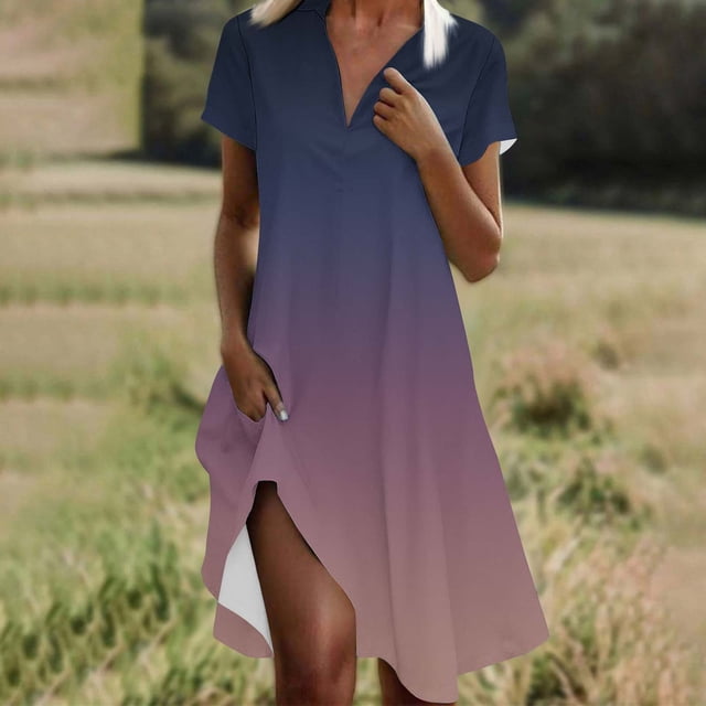 Ovzne Robes d'Été pour Femmes 2025 Robe d'Été Mode Femmes Imprimé Dégradé Col en V Manches Courtes Robe Ample et Confortable Robe Grande Taille Manches Courtes Imprimée Liquidation